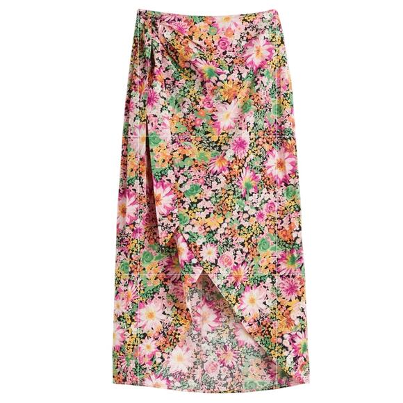 H&M Floral Wrap Skirt Size S High-Low Hem Tie Waist Slit Pink Orange Green NWT - Picture 1 of 10